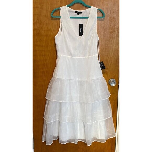 Lulu's Chiffon Tiered Midi Dress White V Neck Wedding Bridal Prom - Picture 2 of 10